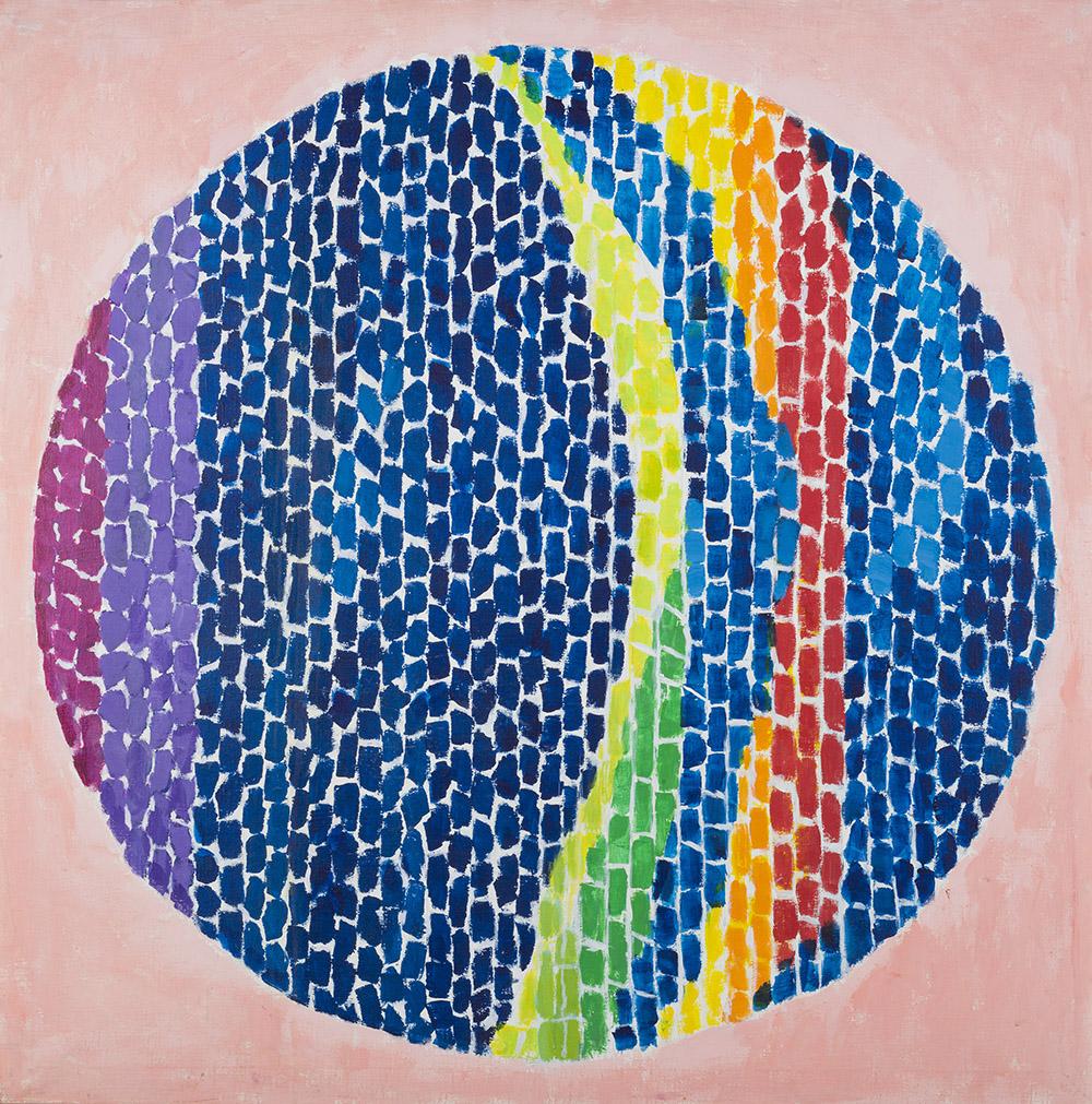 Painting of circle made up of colorful brushstrokes by Alma Thomas