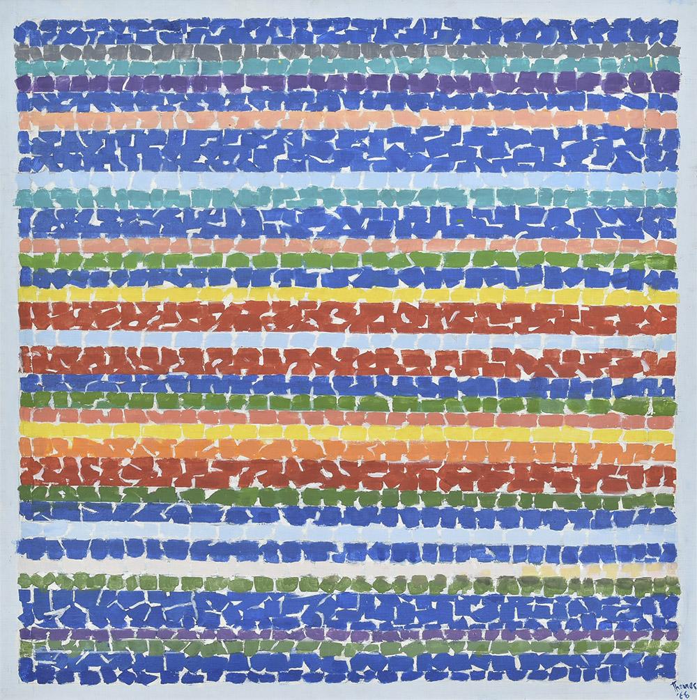 Painting of colorful horizontal broken stripes by Alma Thomas