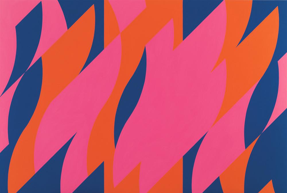 Abstract painting of geometric pattern in pink, orange, and blue