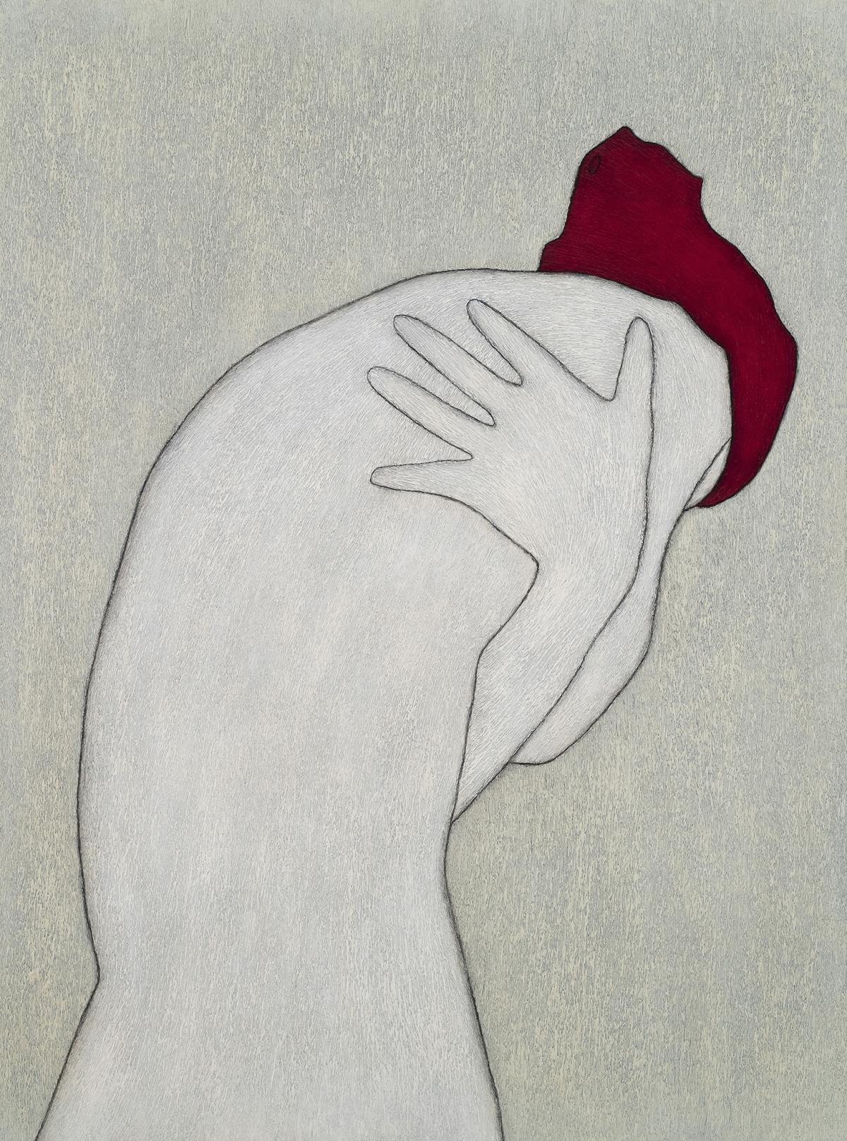 Painting of a back of a figure with arms wrapped around their body