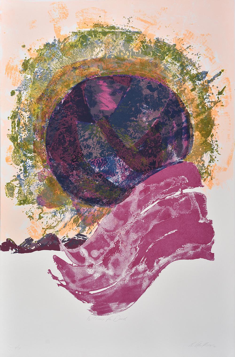A colorful abstract print with a large purple circle with green halo and pink stripe