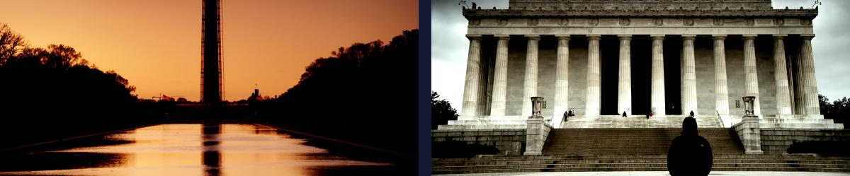 side-by-side image stills from a film, showing DC monuments