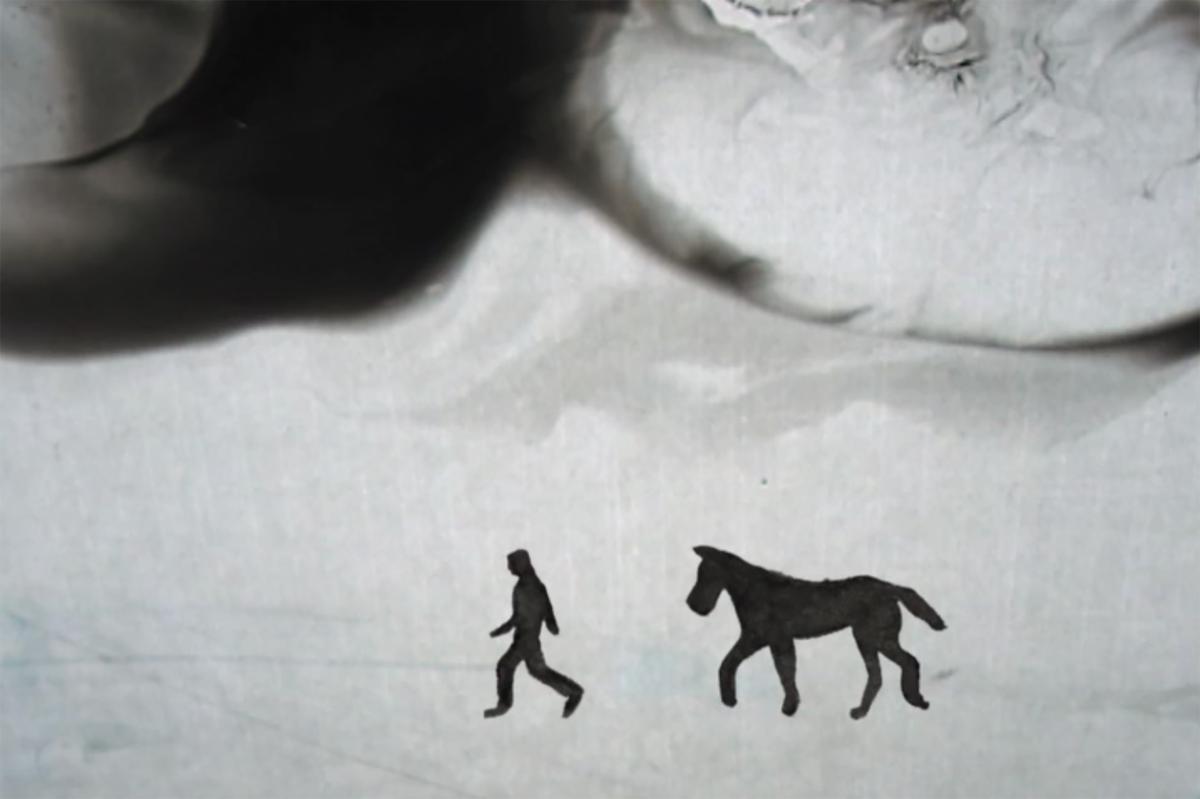 Film still of shadow puppet-style horse and person on a grey field 