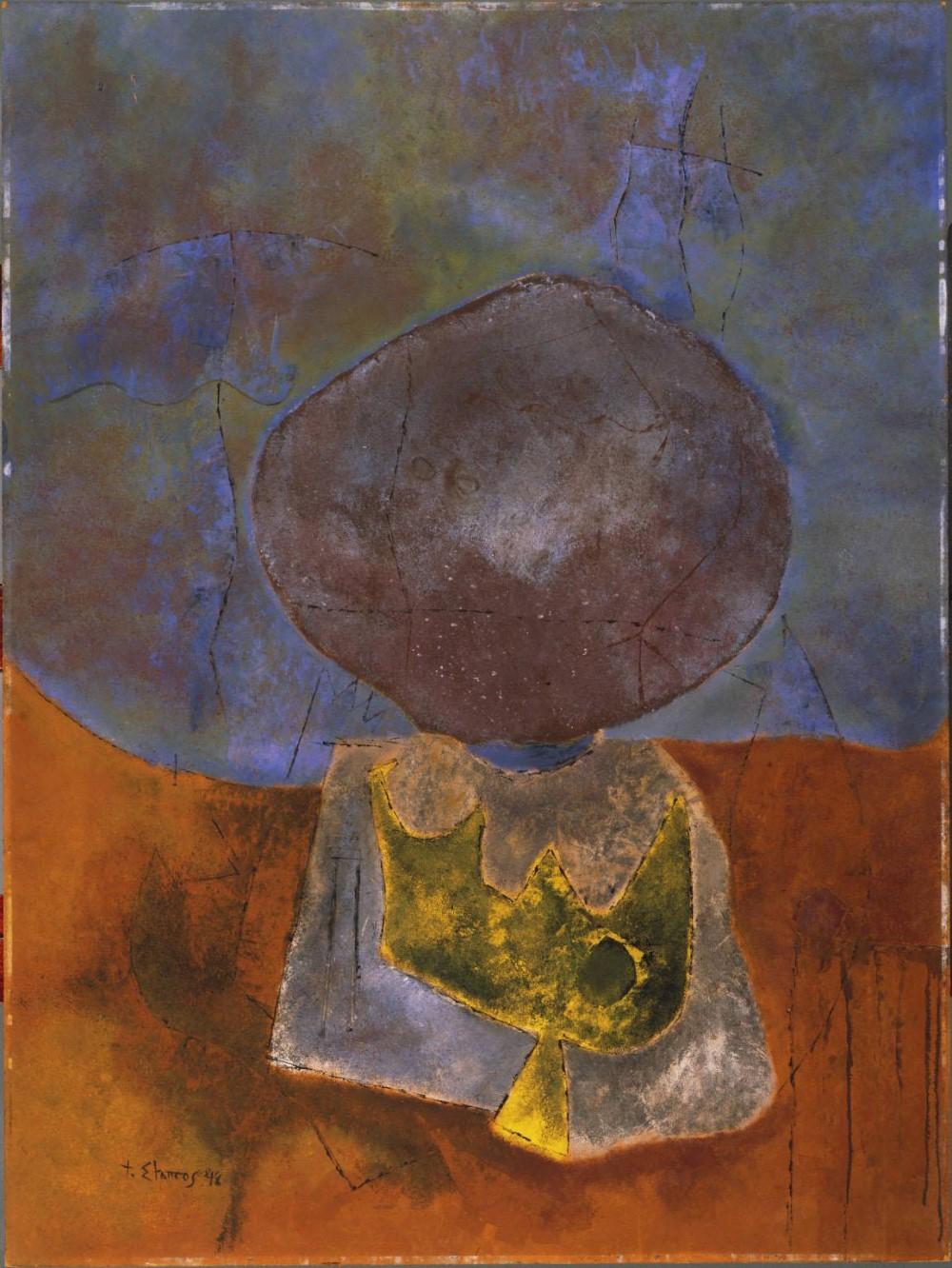 abstract painting in rust, blue and bronze