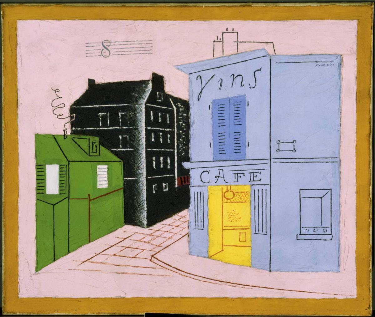 a fanciful depiction of a city street, in pinks, blues, and green