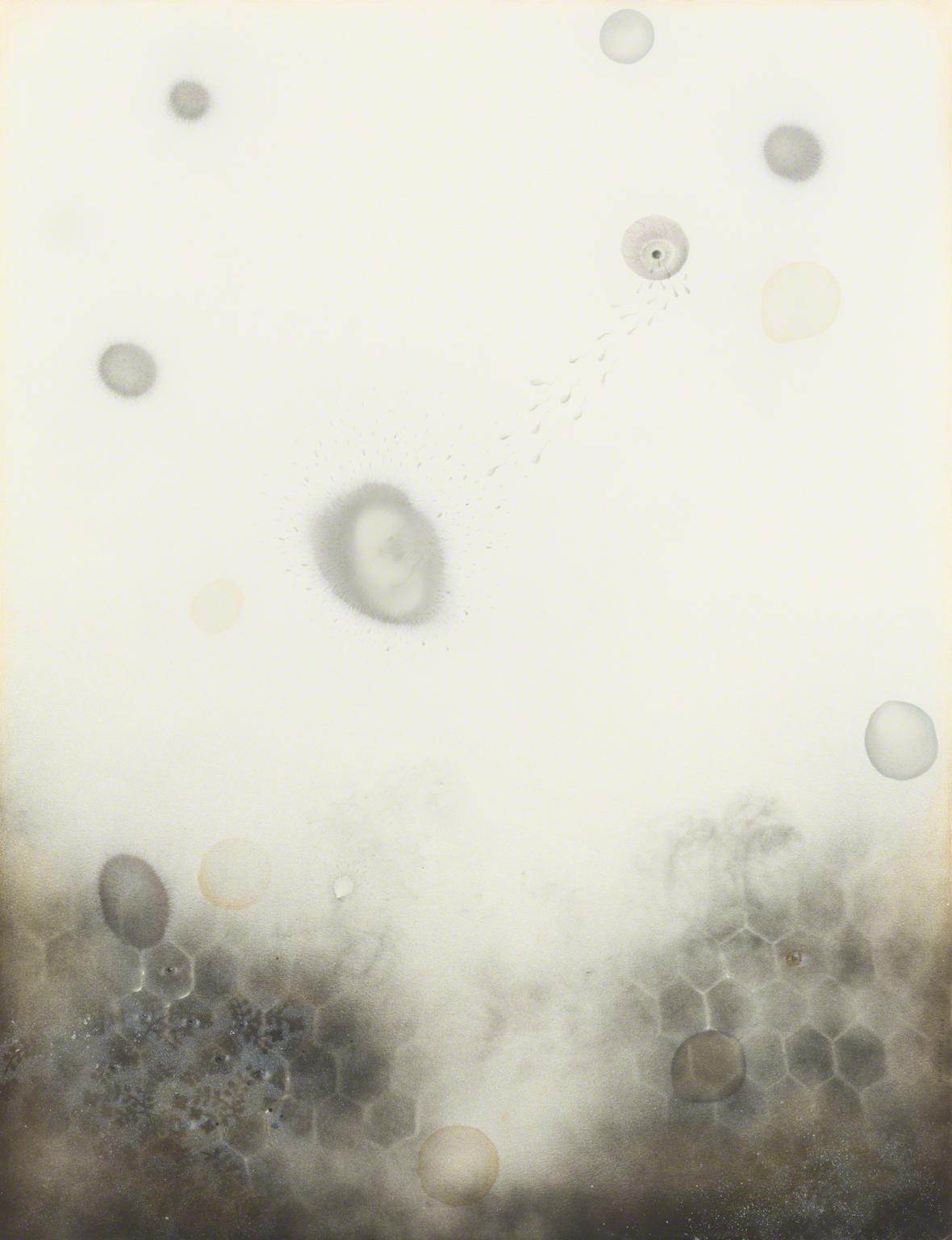 an abstract work, faint abstract shapes on a cream-white field, growing darker towards the bottom