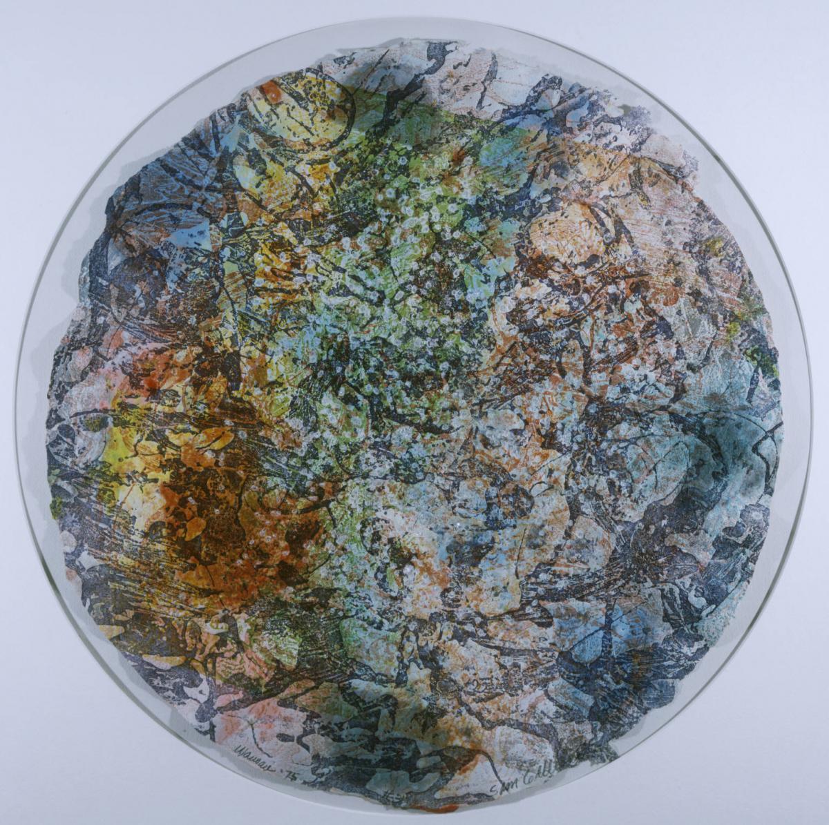 large circular piece, with a riot of abstract color line and texture