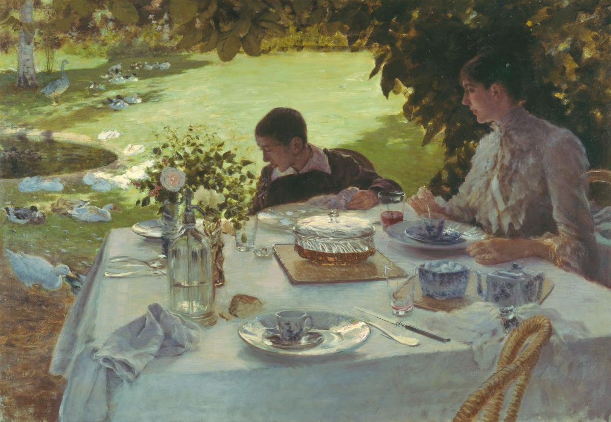 an impressionist painting of a woman and a young boy having breakfast in their garden