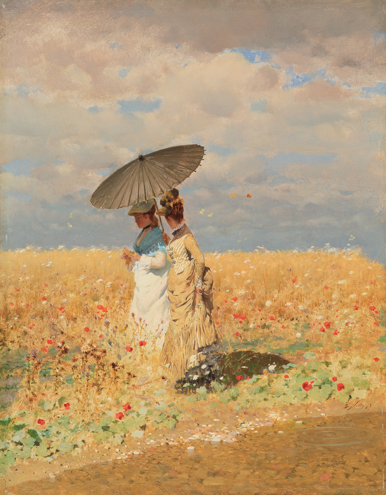 two women, finely dressed, under a sun parasol in a wide yellow field 