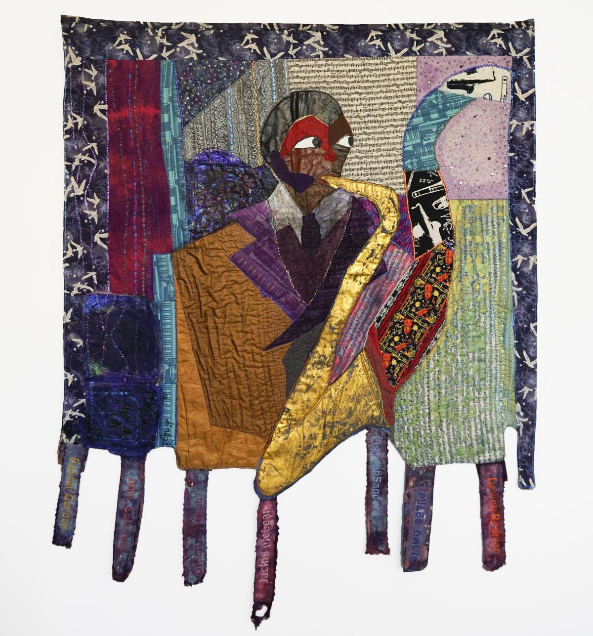 quilt of an abstract man playing the trumpet