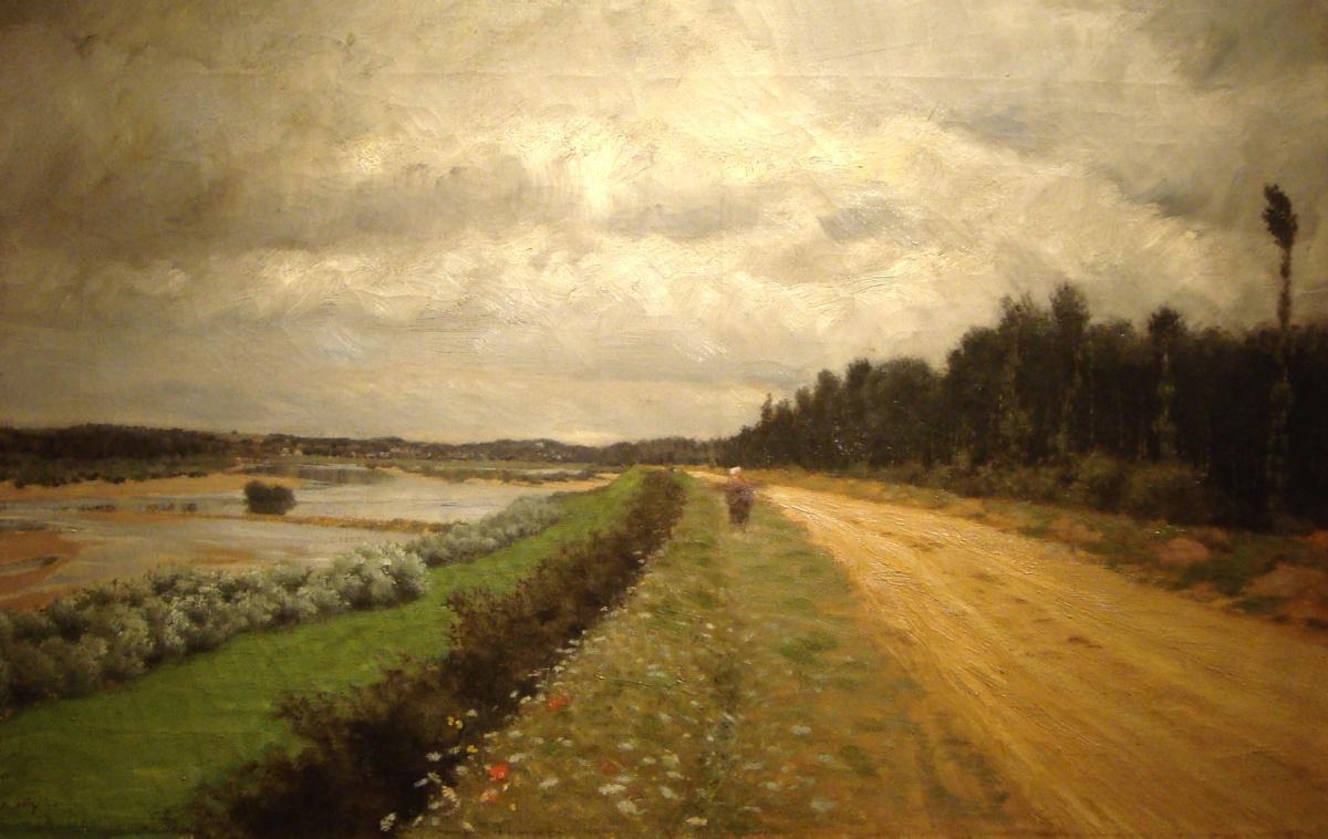 a painting of a country road, receding to the horizon