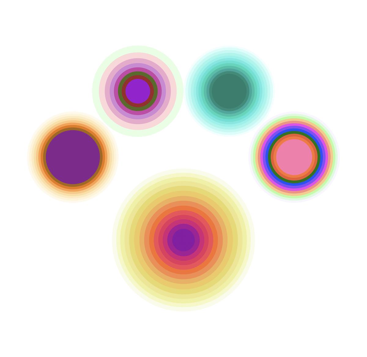 Digital Rendering of Linling Lu Soundwaves installation consisting of five circular canvases with colorful concentric rings