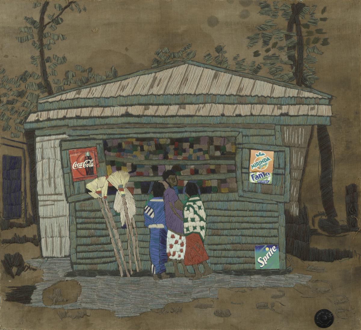 Artwork made of burlap and yard depicting figures at a food stand in Ethiopia
