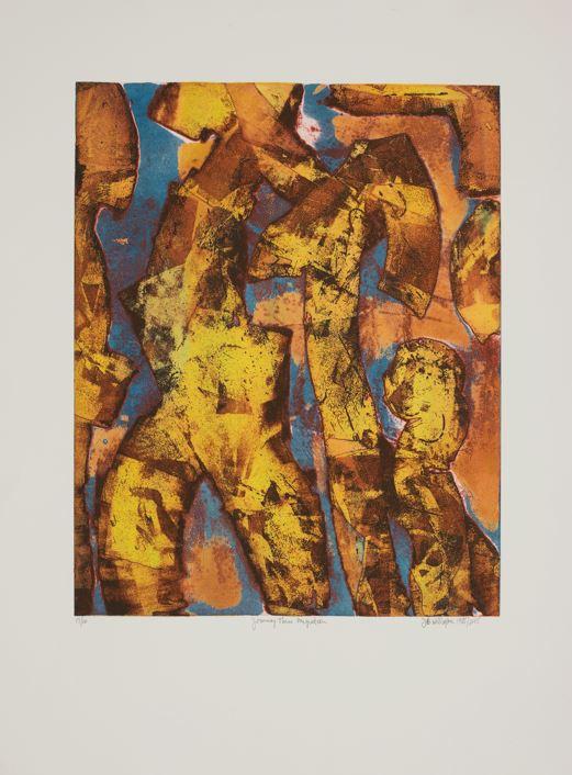 An abstract print with orange, yellow, blue, and brown shapes