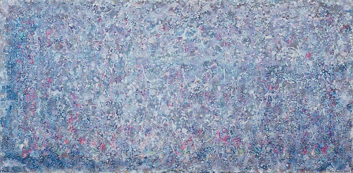 Rectangular work on paper of light blue and purple splatters