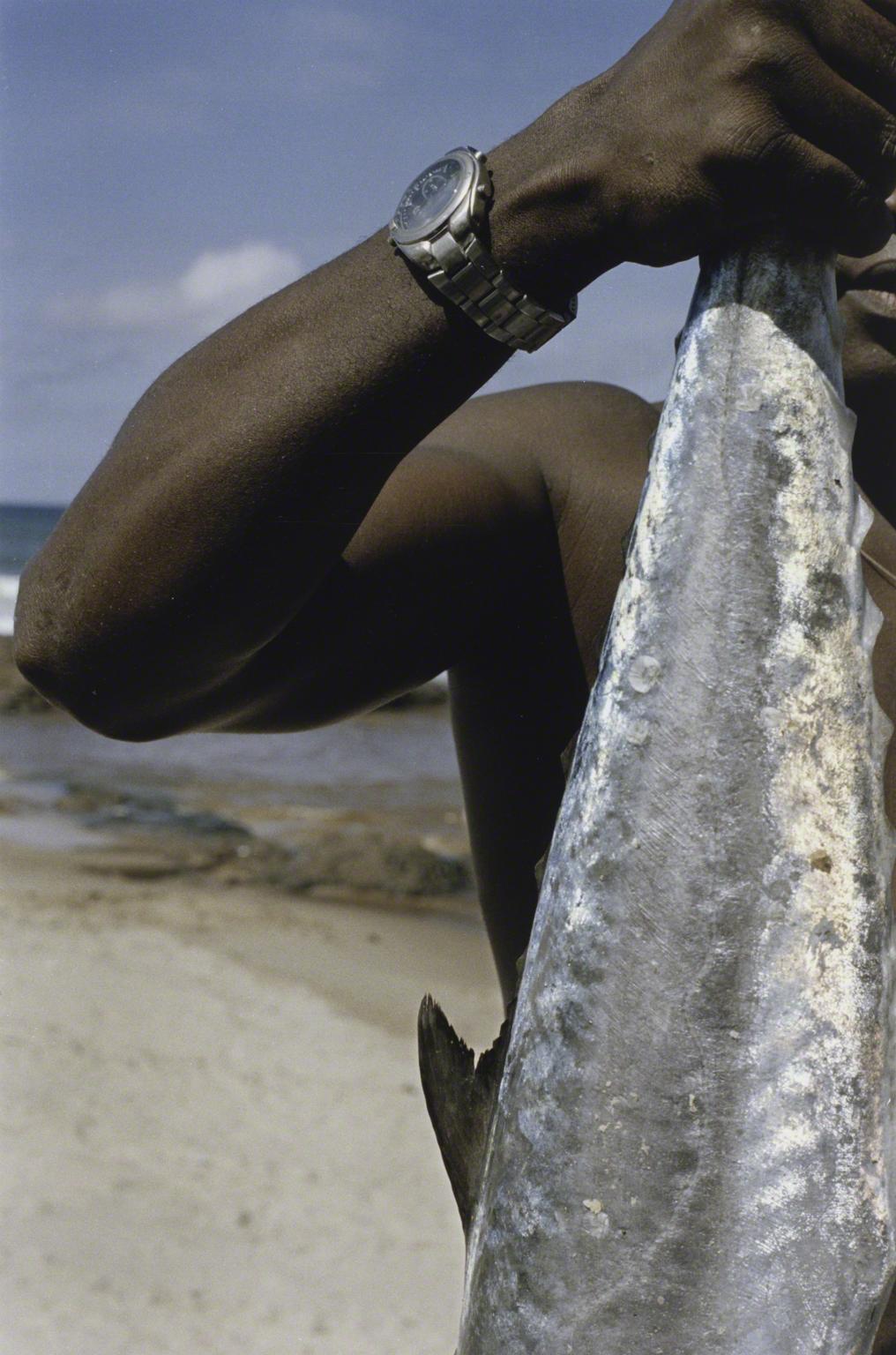 Color photograph of a man standing by the ocean holding a silver fish. Most of his body has been cropped out except for his arm and part of the fish
