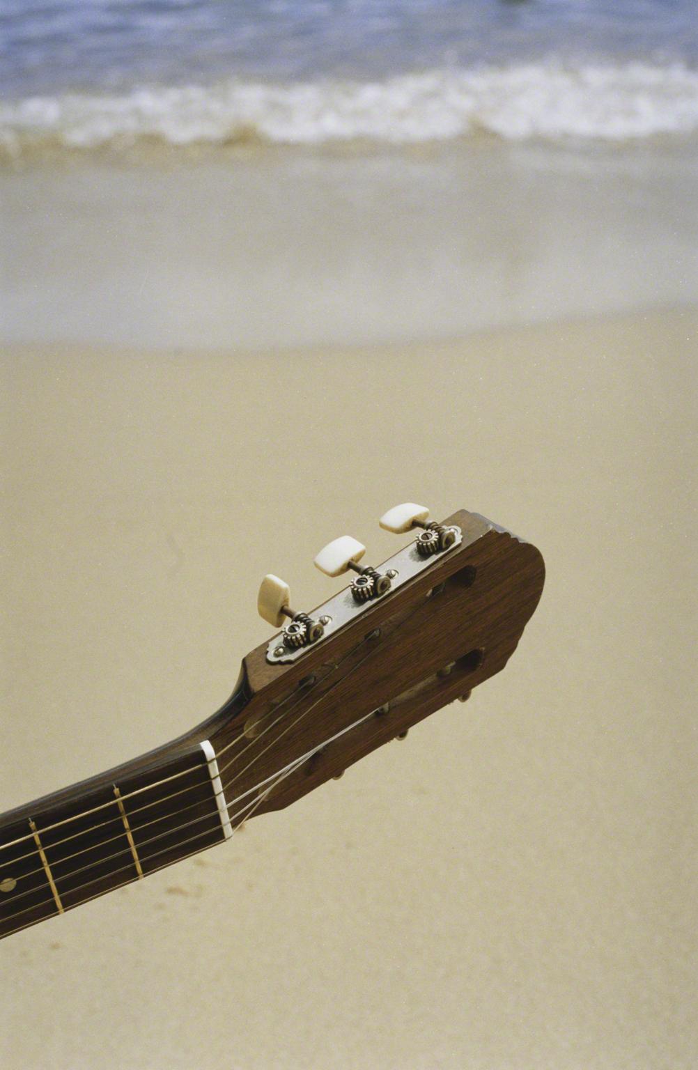 Color photograph of the headstock of an acoustic guitar with beach and ocean as background