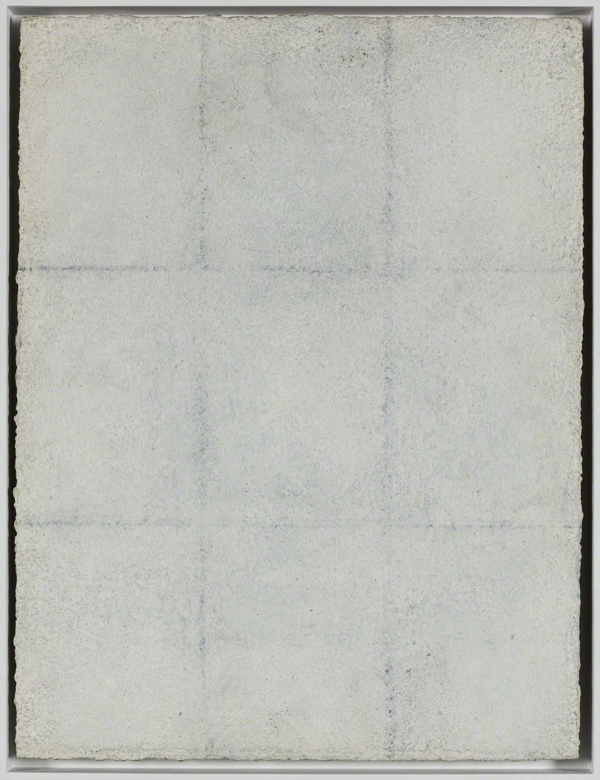 Small white painting divided into a grid of nine rectangles by faint, dark lines