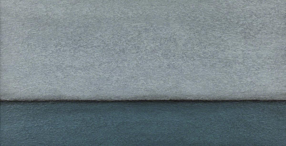 Painting with course texture divided in two with bottom third in blue green and top two thirds in blue grey