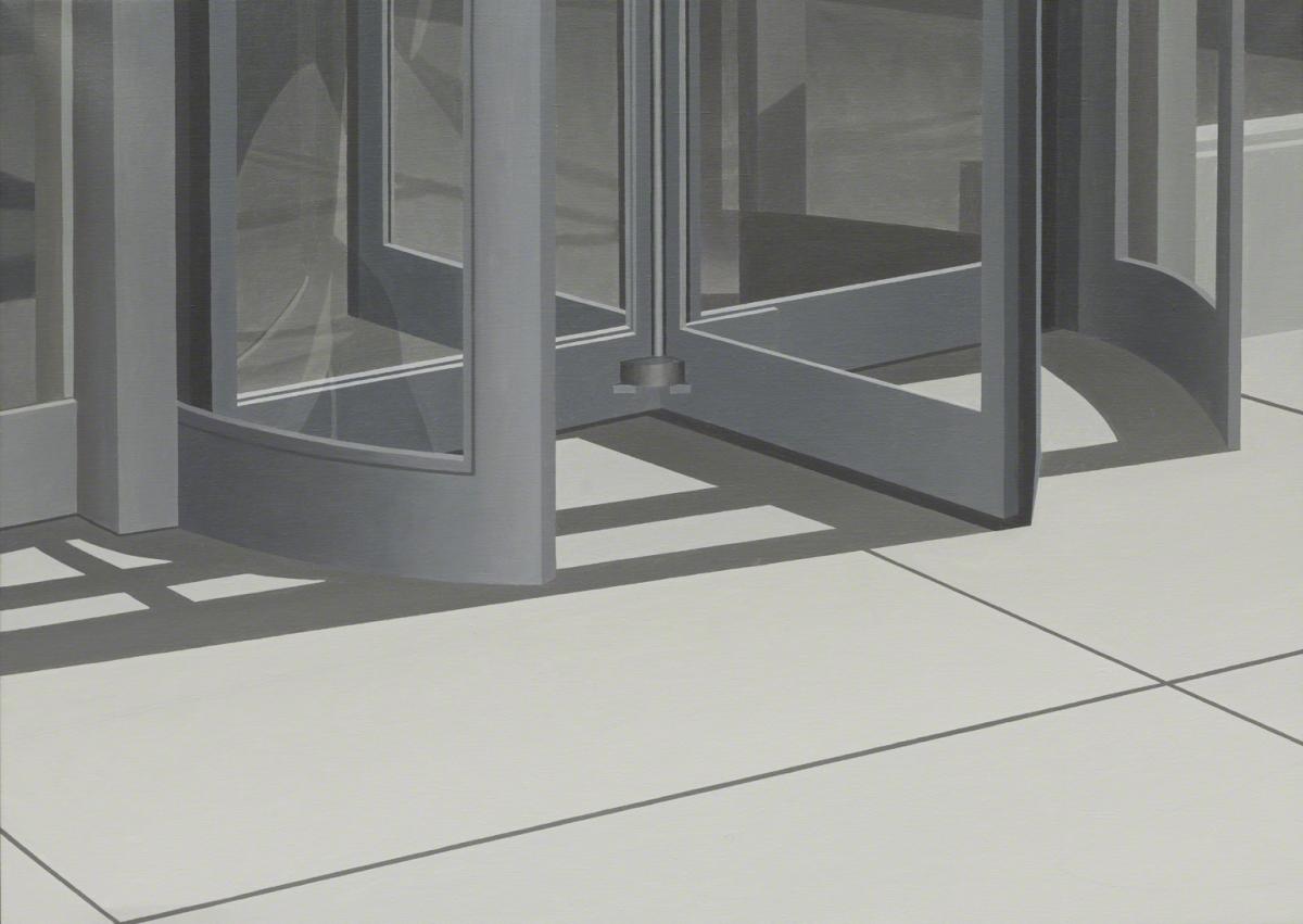 Painting depicting the exterior bottom of a revolving doorway