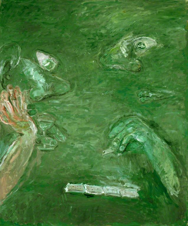 Abstract painting in shades of green with two eyes and arms playing a game of dominos