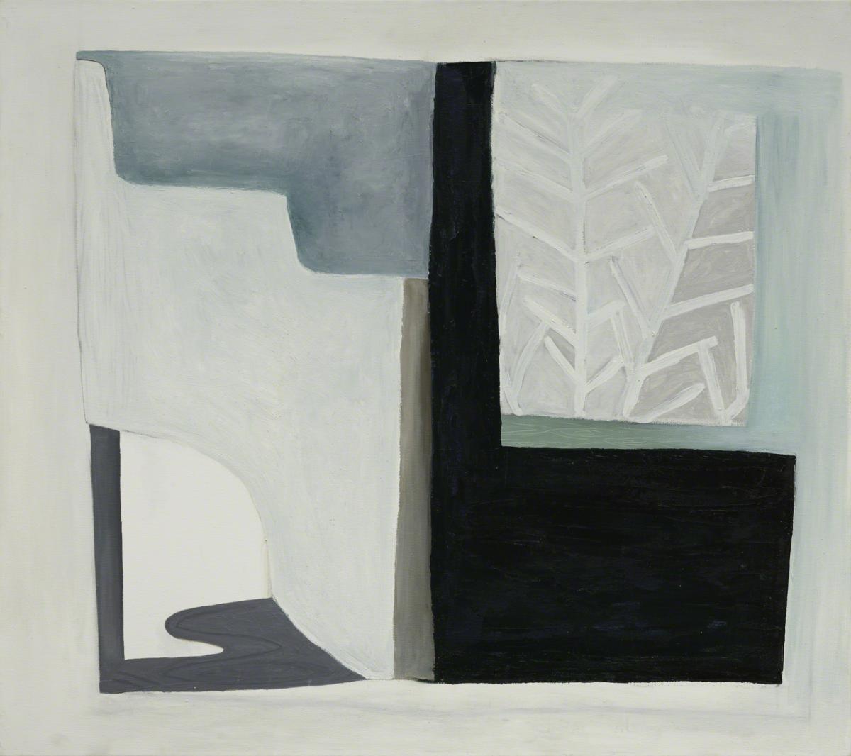 Painting in light colors of grey and whites with pine branches in top left corner