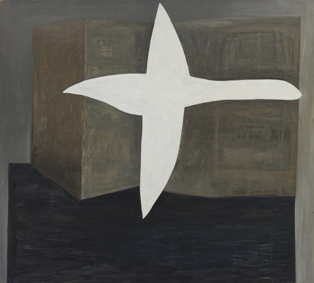 Abstract painting of a white bird against background of beige structures and dark ground