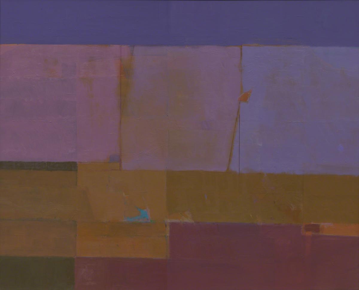 Abstract painting with large fields of blue, yellow, and pink colors