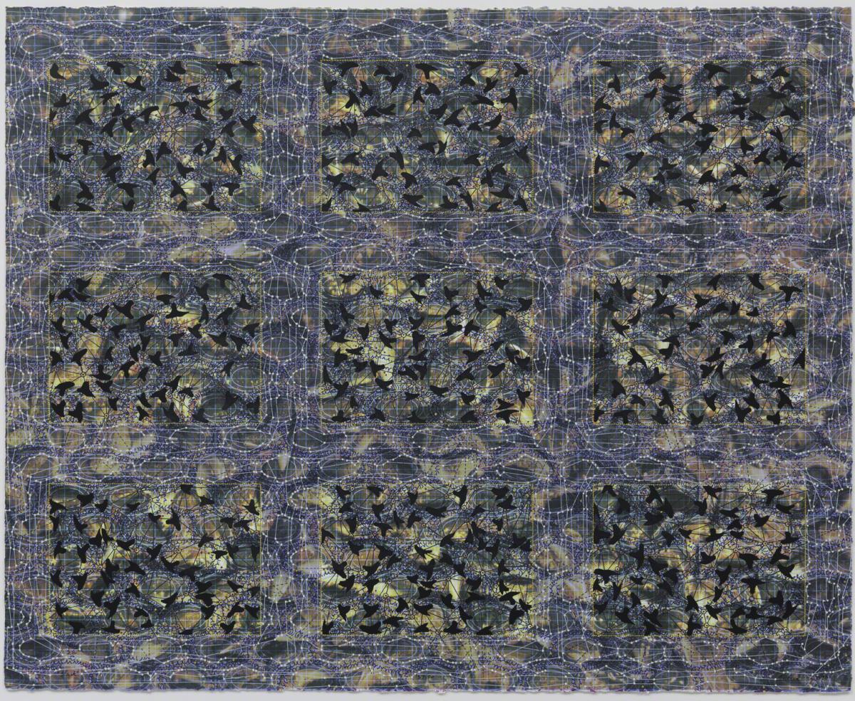 Grid of nine rectangles containing black shapes similar to birds in flight