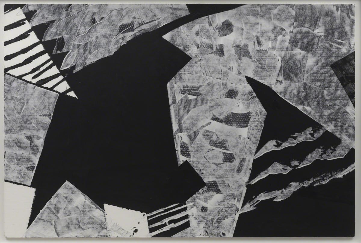 Large abstract work on paper with large fields of black and white in random patterns