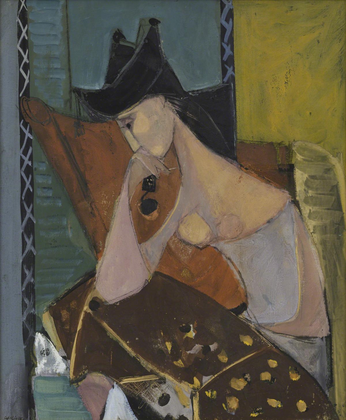 Abstract painting of the artists sitting in a red chair with hand resting on chin in position of deep thought