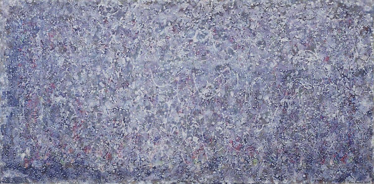 Abstract print with colors of blue, white, and purple that appear to have been dripped on paper