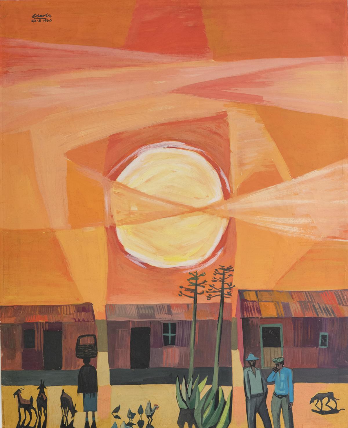Abstract painting of large sun over small village