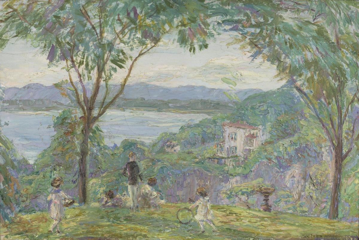 Painting of children playing on a hill overlooking the Hudson River.
