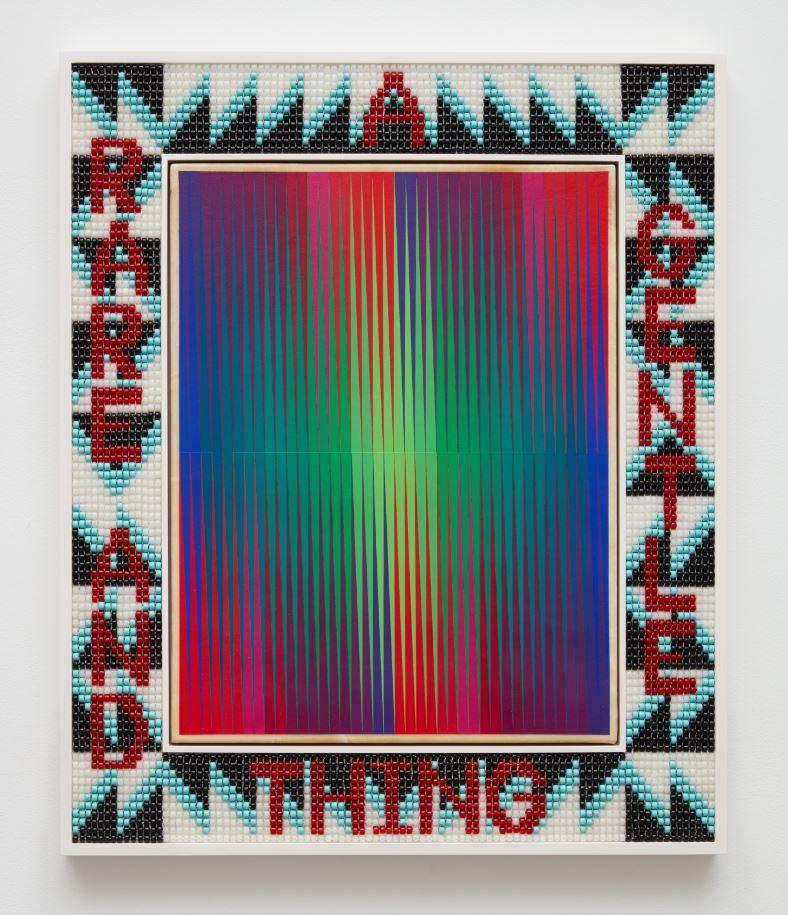 Photograph of colorful artwork of rainbow lines framed by beads that spell out A Rare and Gentle Thing