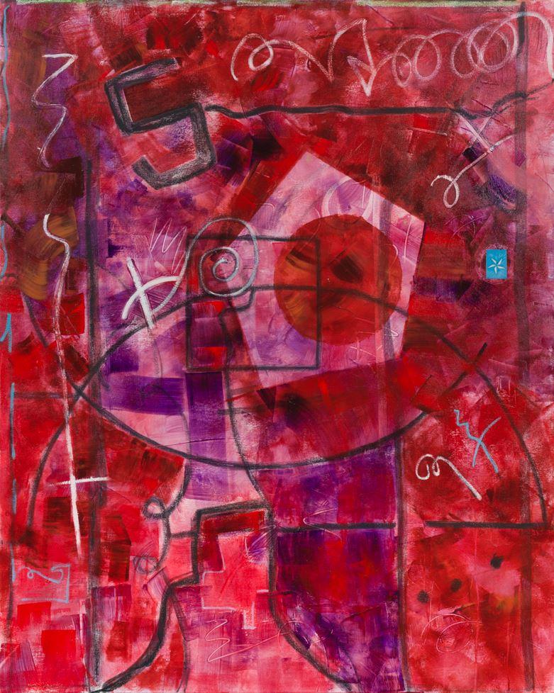 Painting with red background and red and purple abstract shapes and black and white lines