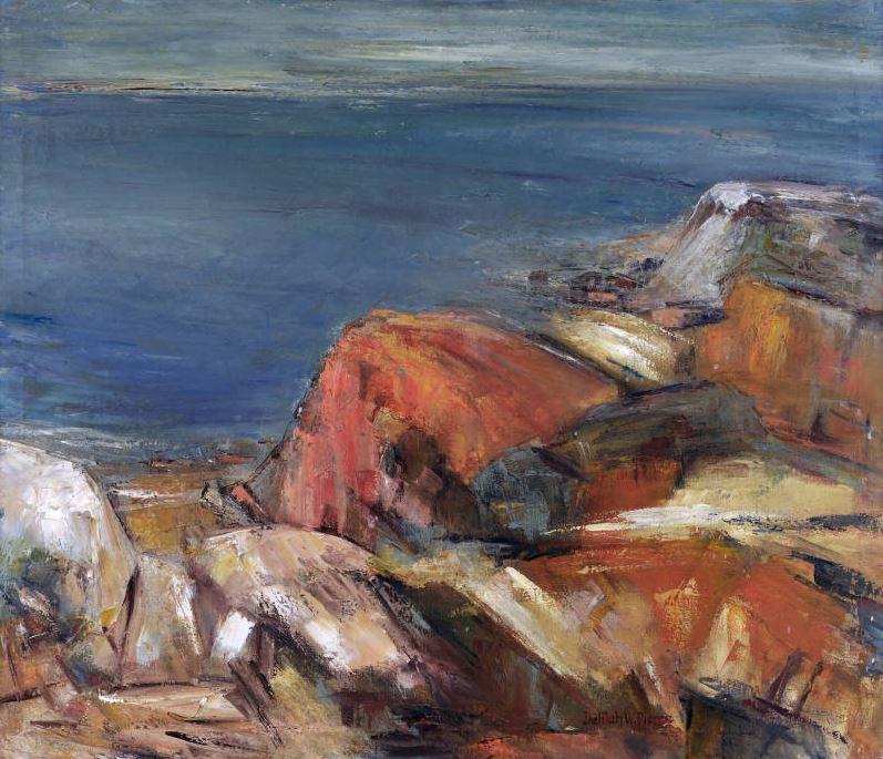 Abstract painting of rocky cliffs by water