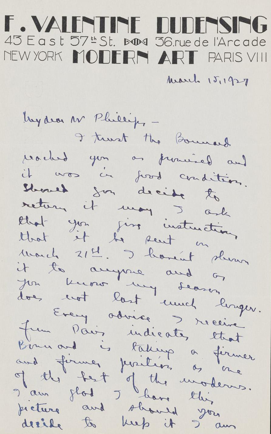 Letter from F. Valentine Dudensing to Duncan Phillips, March 15, 1927