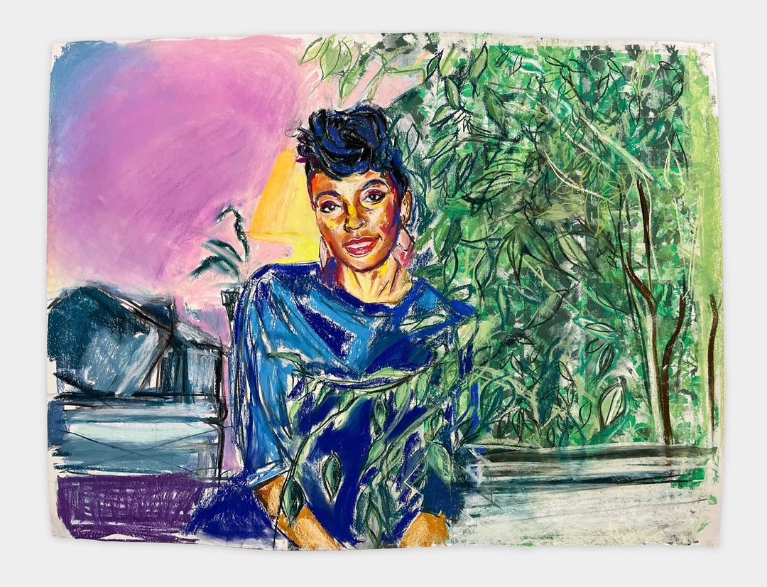 Colorful pastel drawing of a woman facing camera