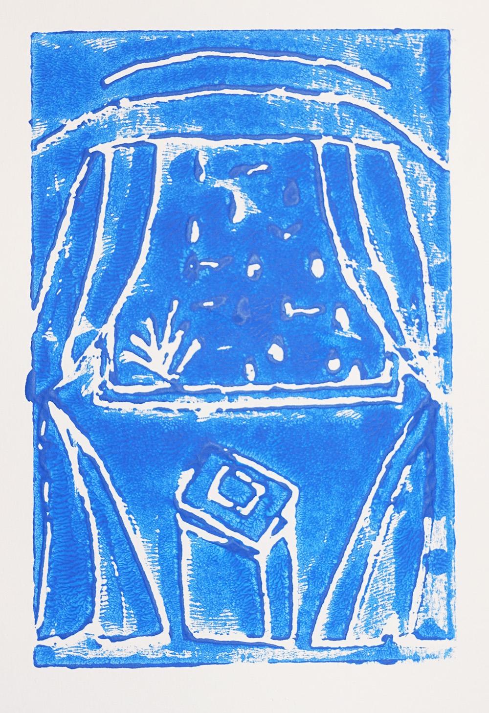 Print looking through a window with curtains in blue ink