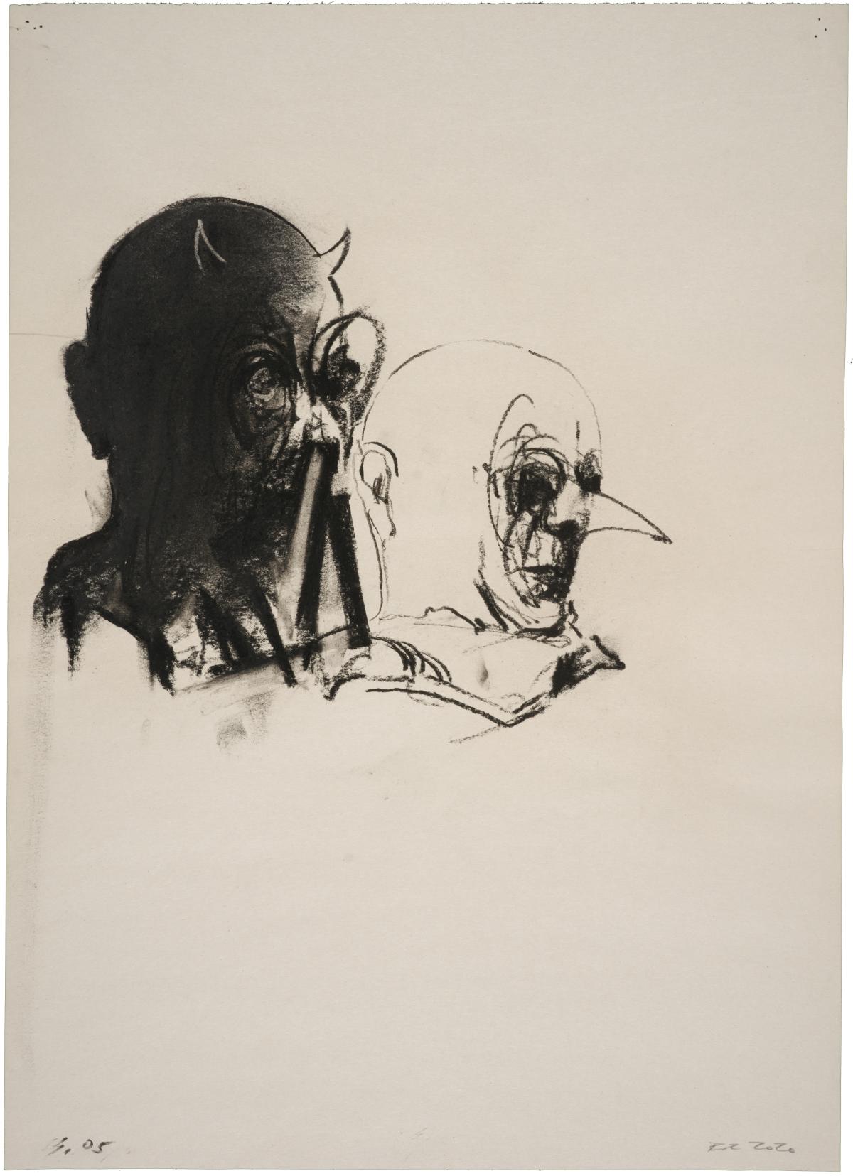 charcoal drawing of two demonic looking heads