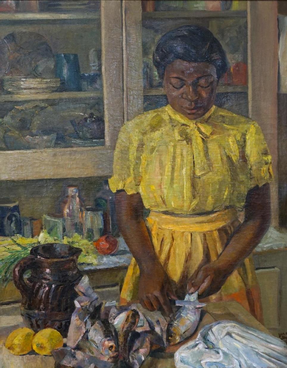 Painting of a girl in a yellow dress standing in a kitchen cutting fish