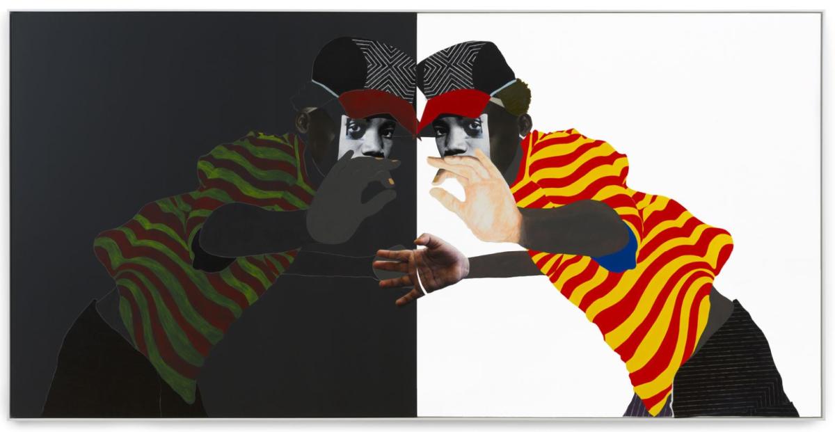 A collage of two black boys mirroring each other one on white background one on black background