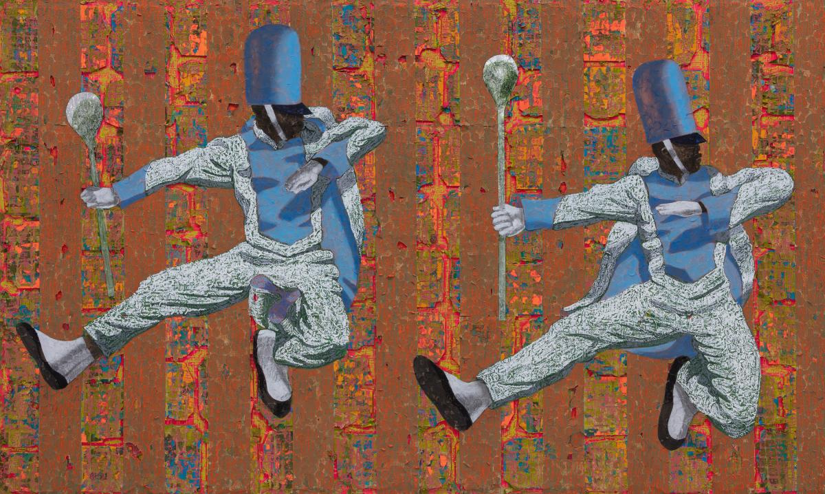 Derek Fordjour, Airborne Double, 2022, Acrylic, charcoal, cardboard, oil pastel, and foil on newspaper mounted on canvas, 60 x 100 in., Frances Fine Art Collection, Courtesy of the artist, David Kordansky Gallery, and Petzel Gallery, New York, Photo: Daniel Greer, © Derek Fordjour