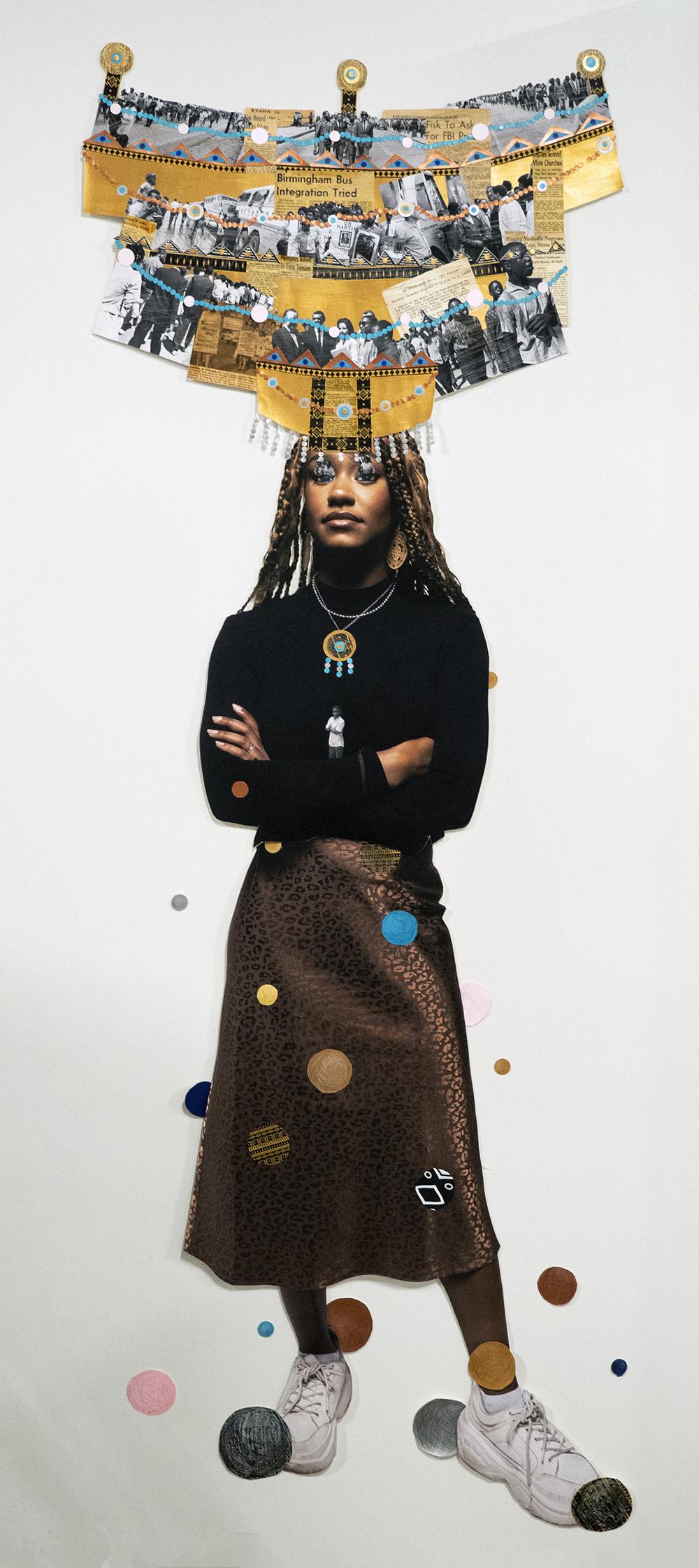 Collage of a woman standing with arms crossed wearing an elaborate headdress with photo collage