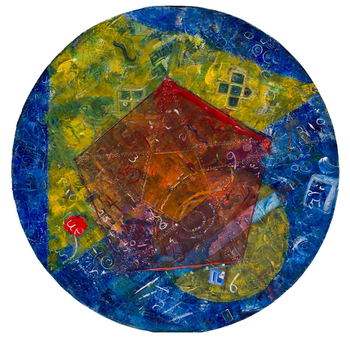 Circular painting with colorful abstract shapes