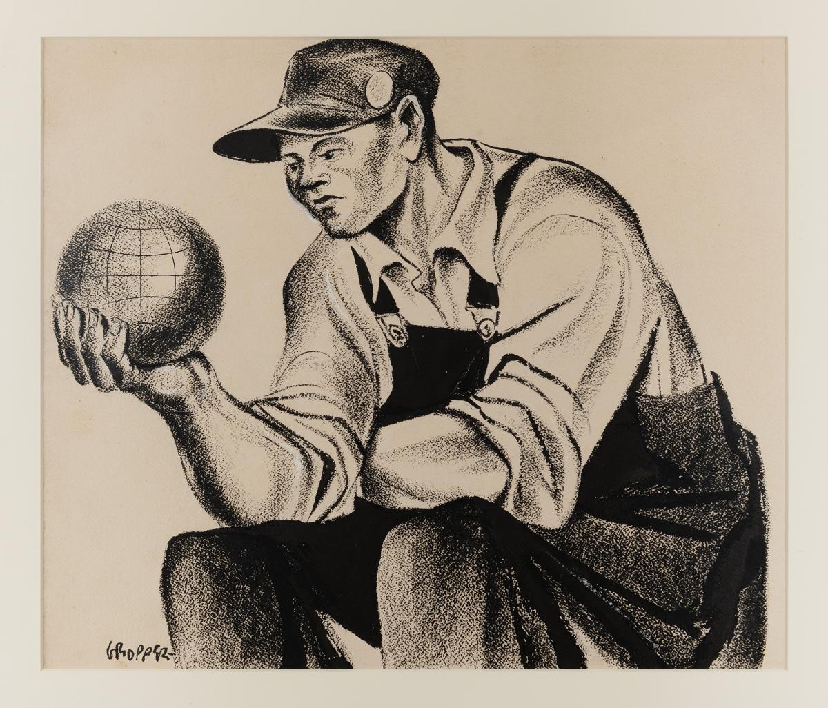Drawing by William Gropper of a worker holding a globe