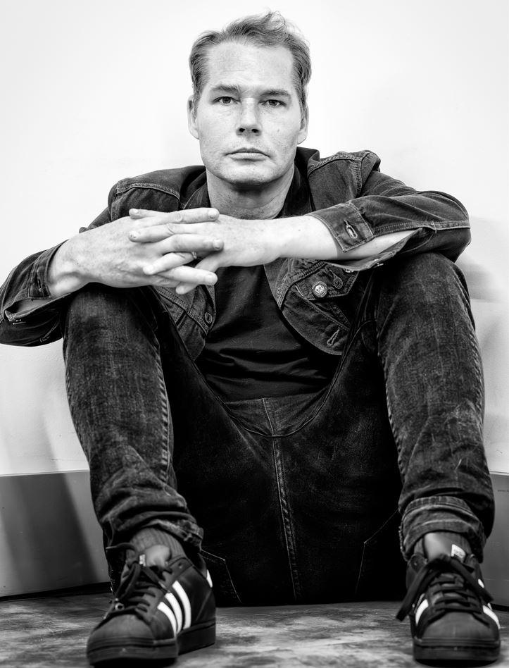 Black and white photo of Shepard Fairey