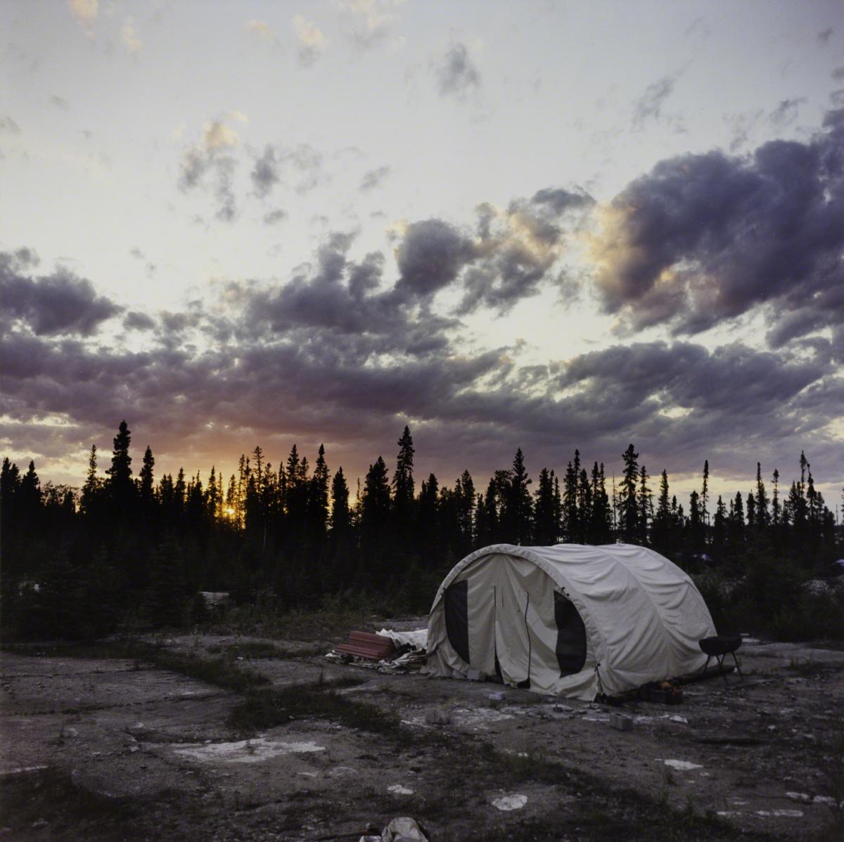 Sarah Anne Johnson, Untitled (Tent with Sunset) (Tree Planting project), 2003.