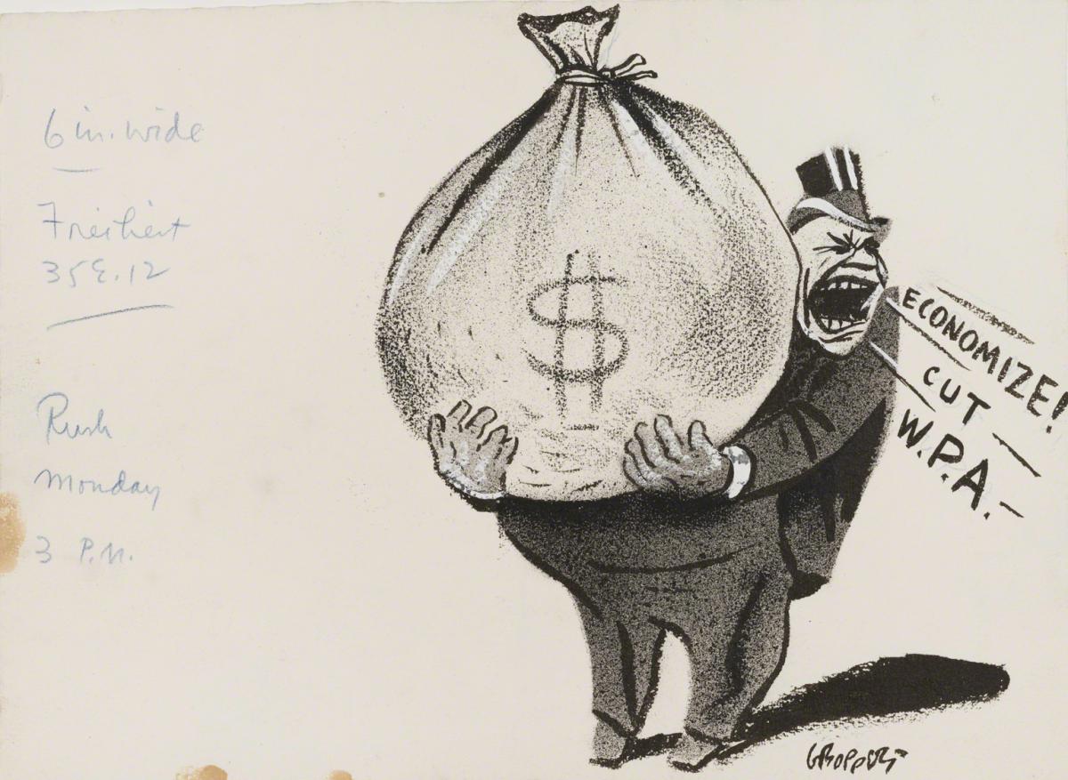 William Gropper, WPA Wage Cuts: Economize Cut W.P.A., published in Freheit, not dated.